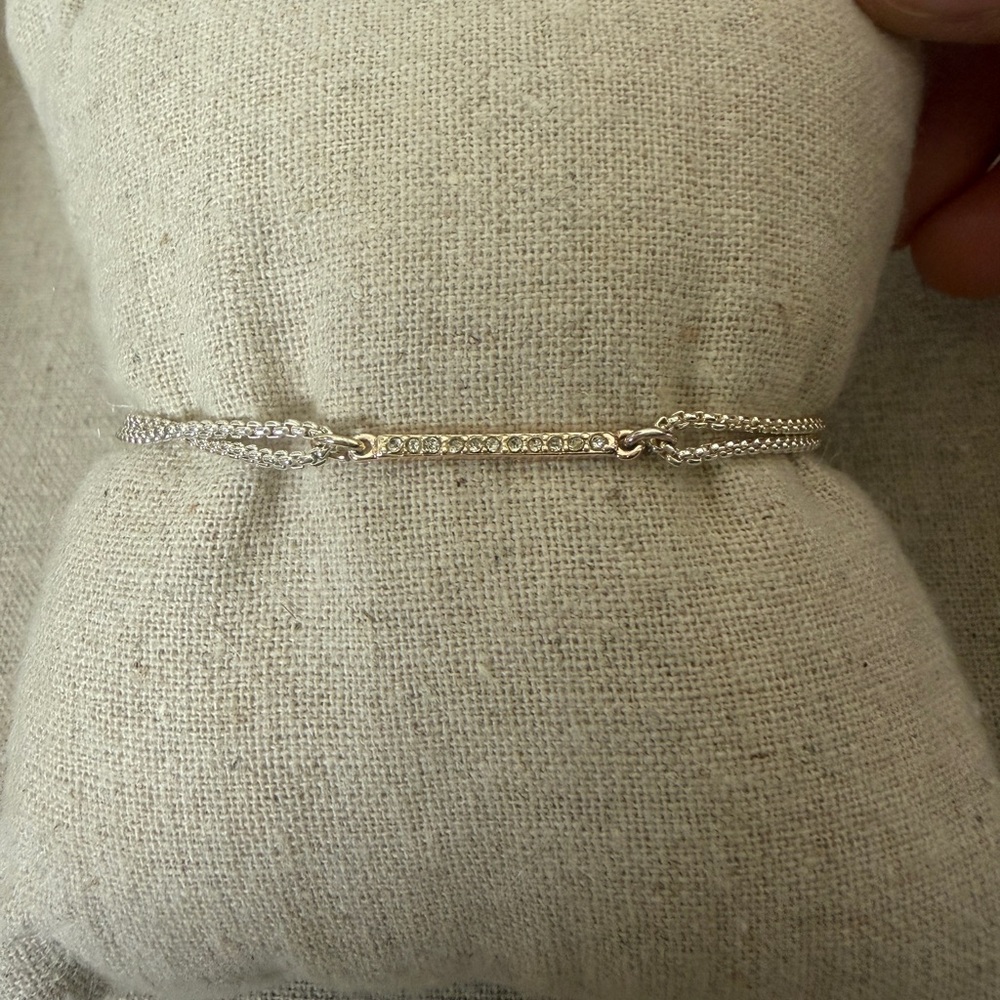 Stella & Dot Delicate Double Chain Bracelet with CZ Bar - Silver Tone